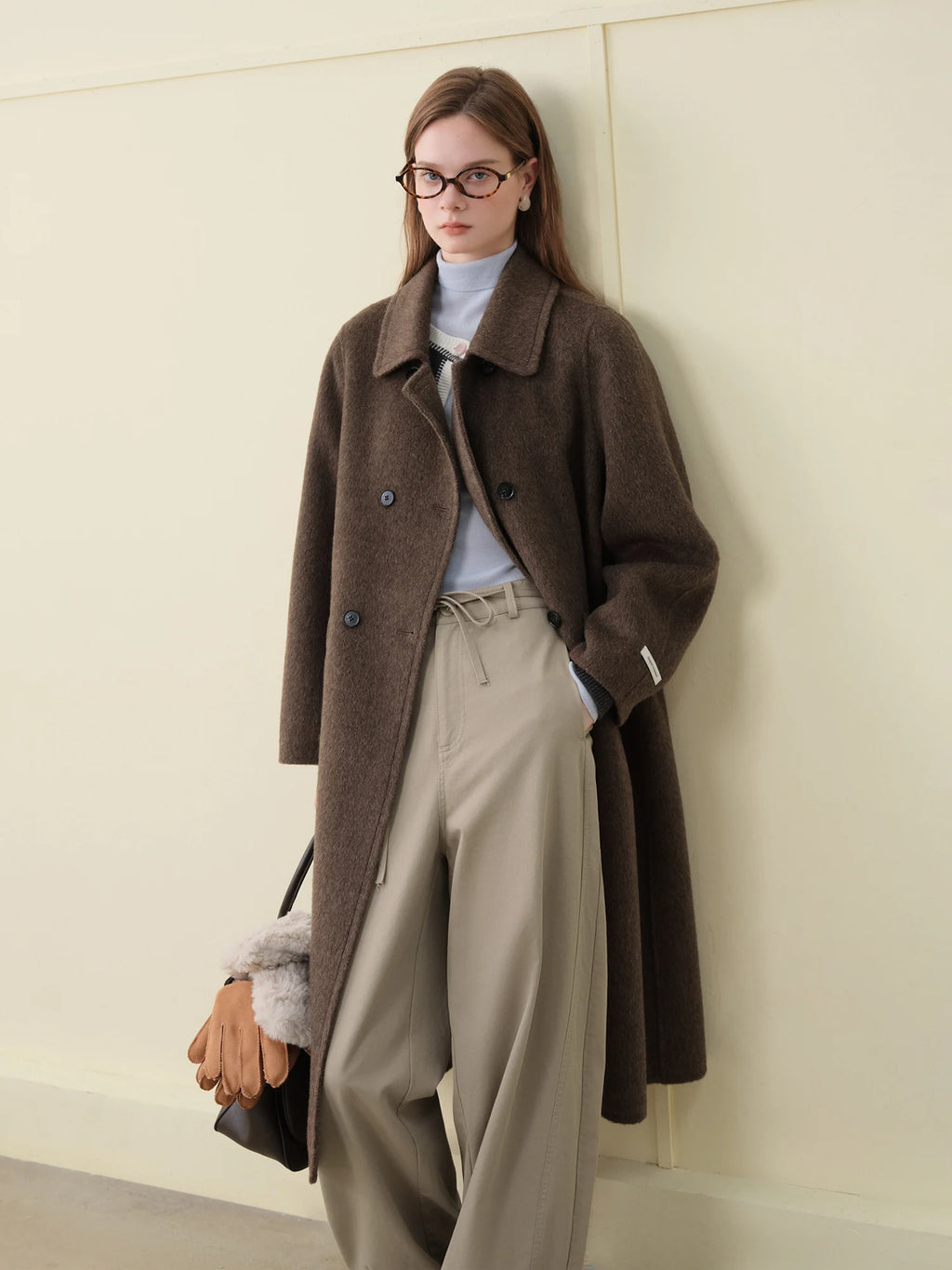 FSLE 2025 Women's Yak Wool Blend Coat - Peter Pan Collar Double Breasted Winter Trench with Flattering Silhouette Office Elegant