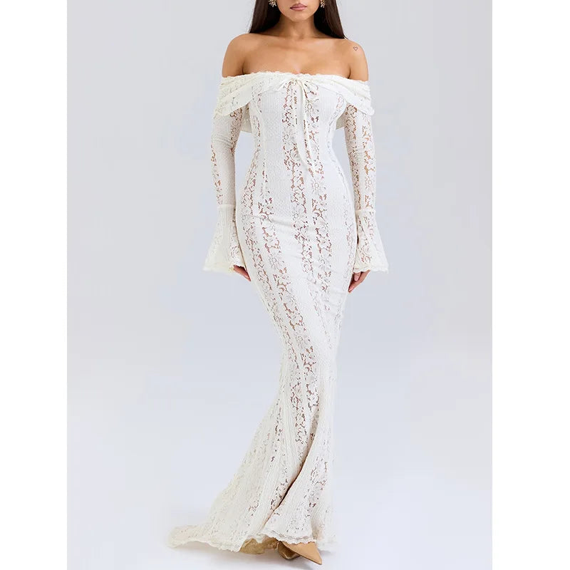 Elegant Off-Shoulder Lace Maxi Dress with Flared Sleeves and High-Low Hem