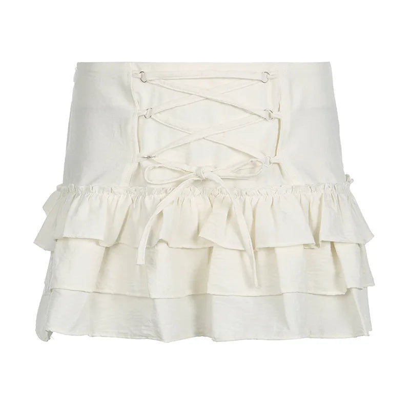 Lace-up High Waist Mini Skirts White Holiday Casual Kawaii A-line Skirt Sweet Bottoms Japanese