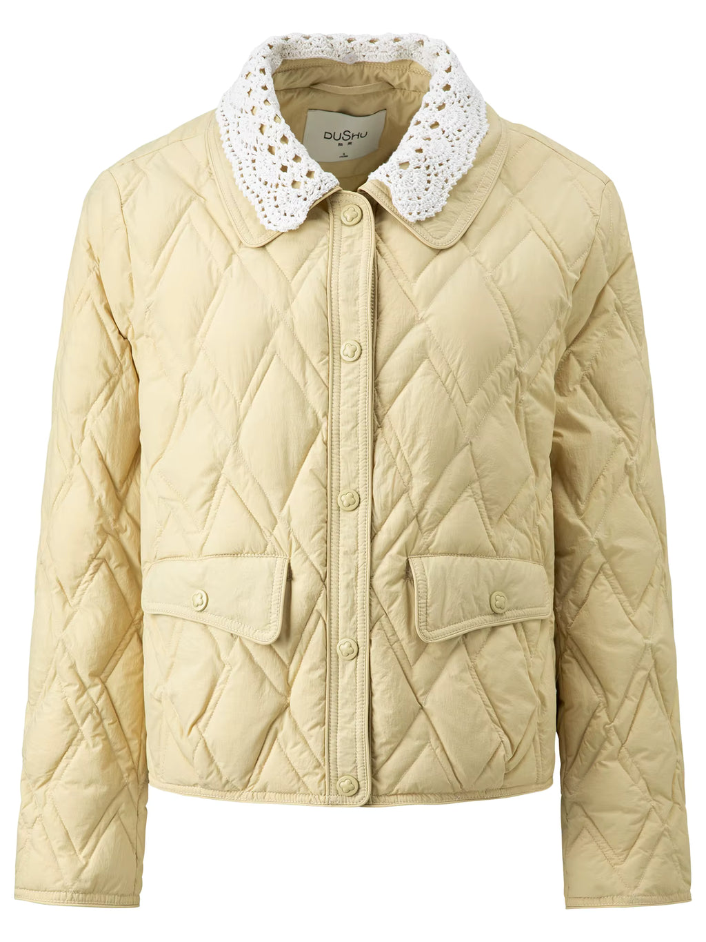 Plus Size Women's Cream Quilted Down Coat with Crochet Lace Collar Winter 2025 Fashion Warm Short Puffer Jacket Outerwear
