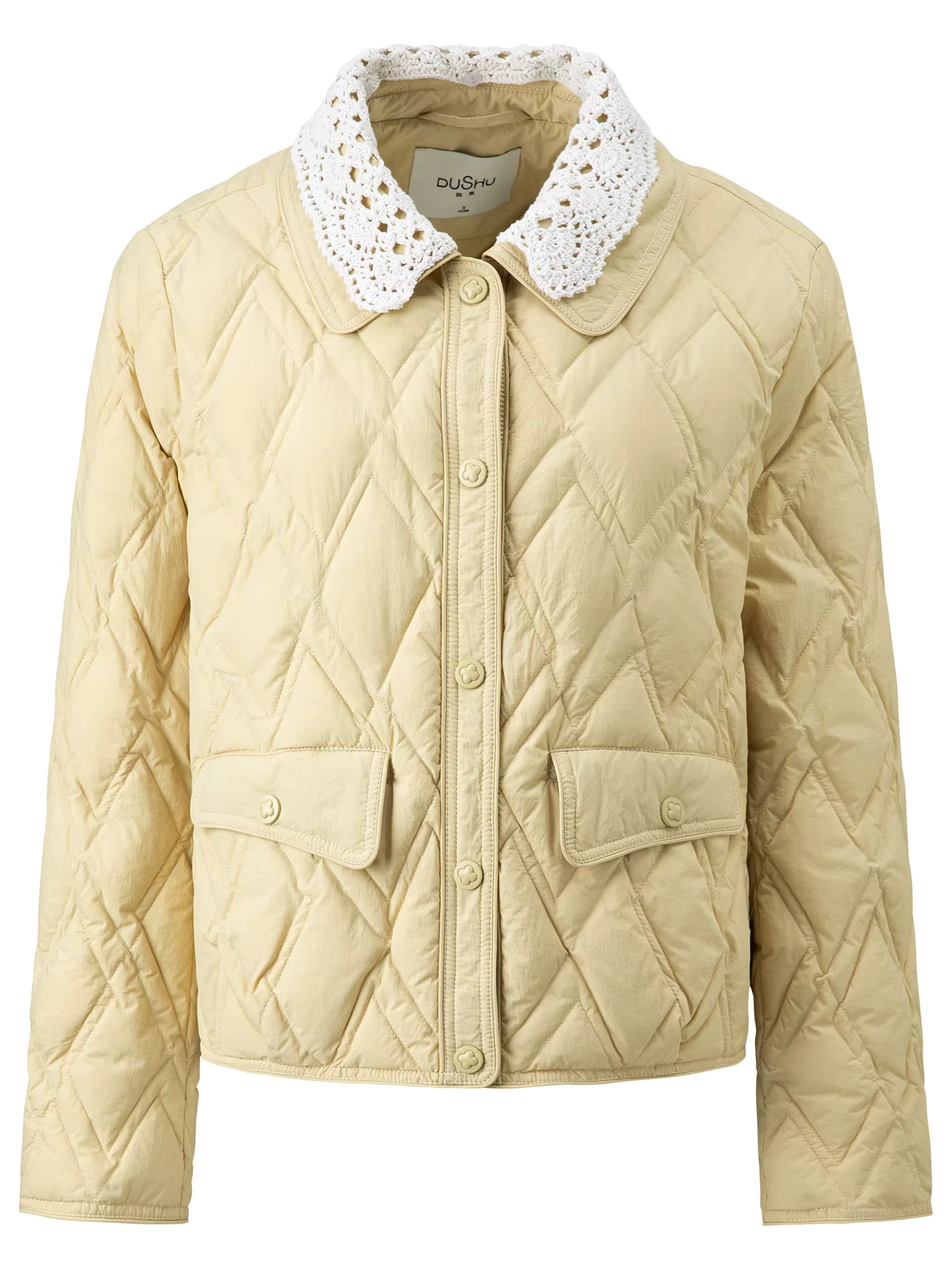 Plus Size Women's Cream Quilted Down Coat with Crochet Lace Collar Winter 2025 Fashion Warm Short Puffer Jacket Outerwear