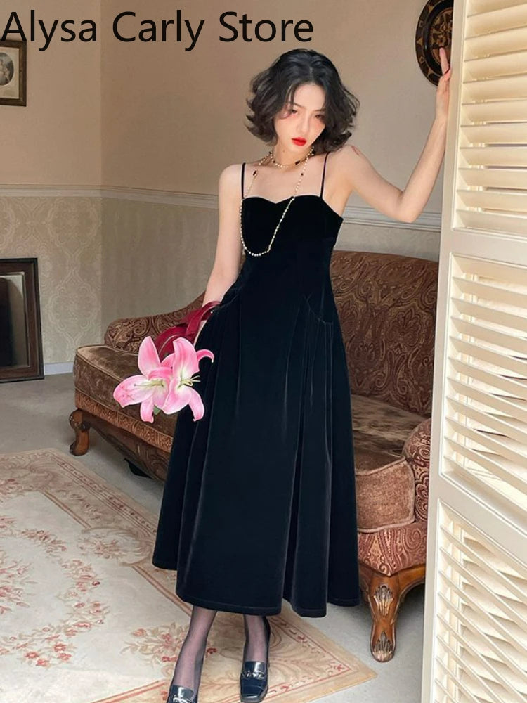 2022 Summer French Vintage Strap Dress Women Red Elegent Korean Party Midi Dress Female Sexy Backless Evening Beach Fairy Dress