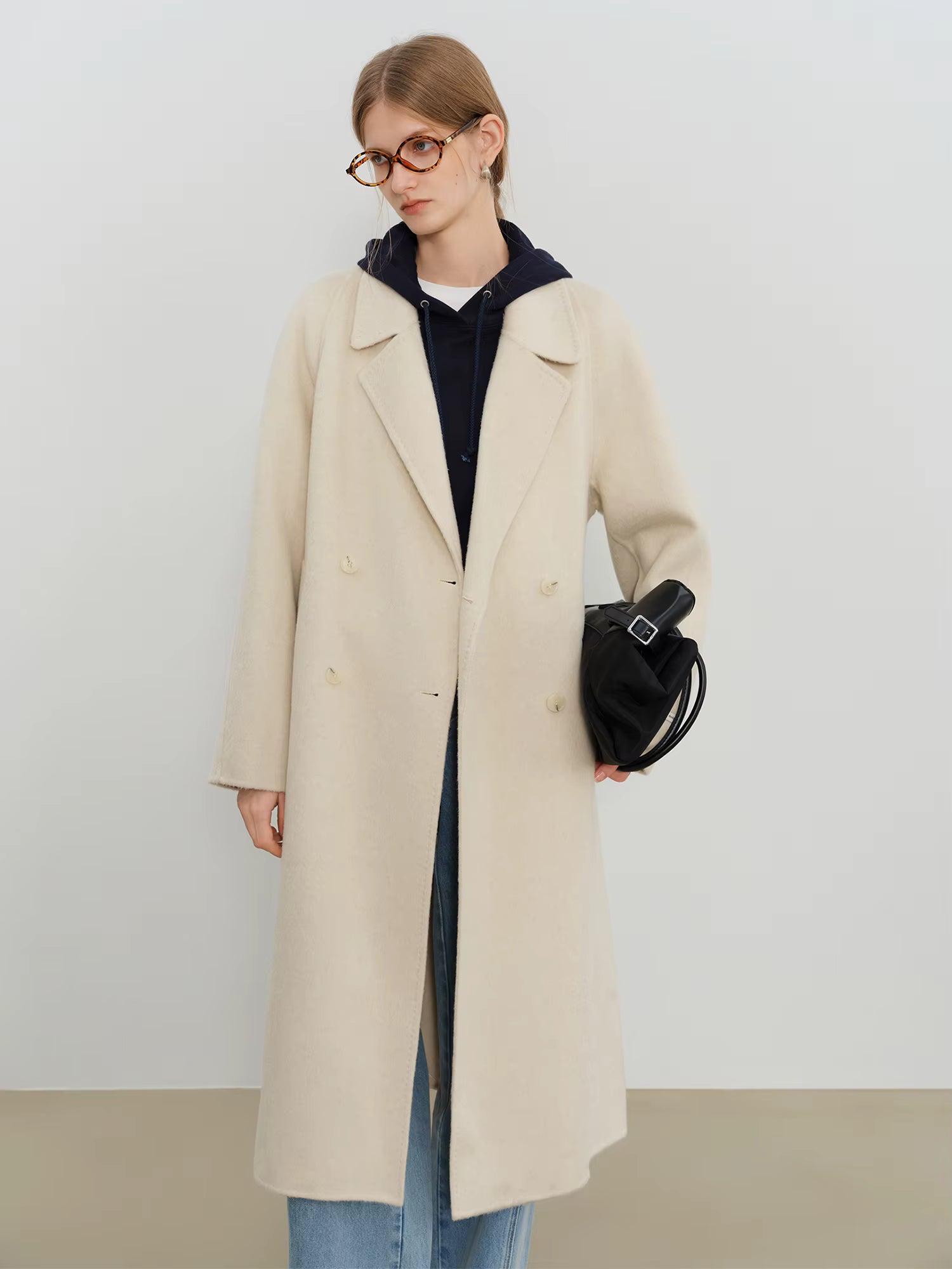 Crafty Studio Petite Women's White Camel Wool Coat with Double Faced Design 2025 Winter New Collection Wool