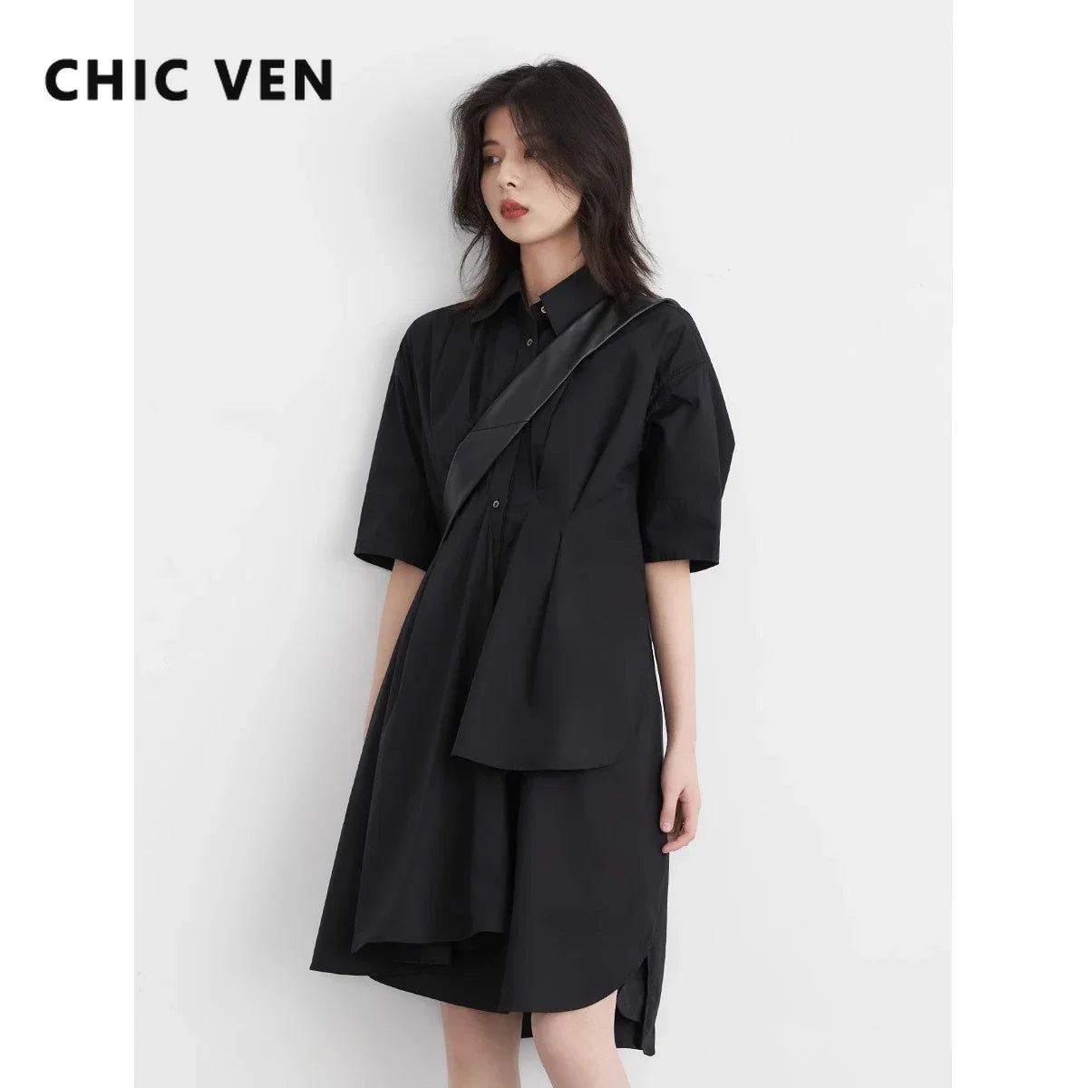 CHIC VEN Women Dresses Short Sleeve Black New Design Irregular Fold Shirt Dress for Woman A Line Office Lady Summer 2024