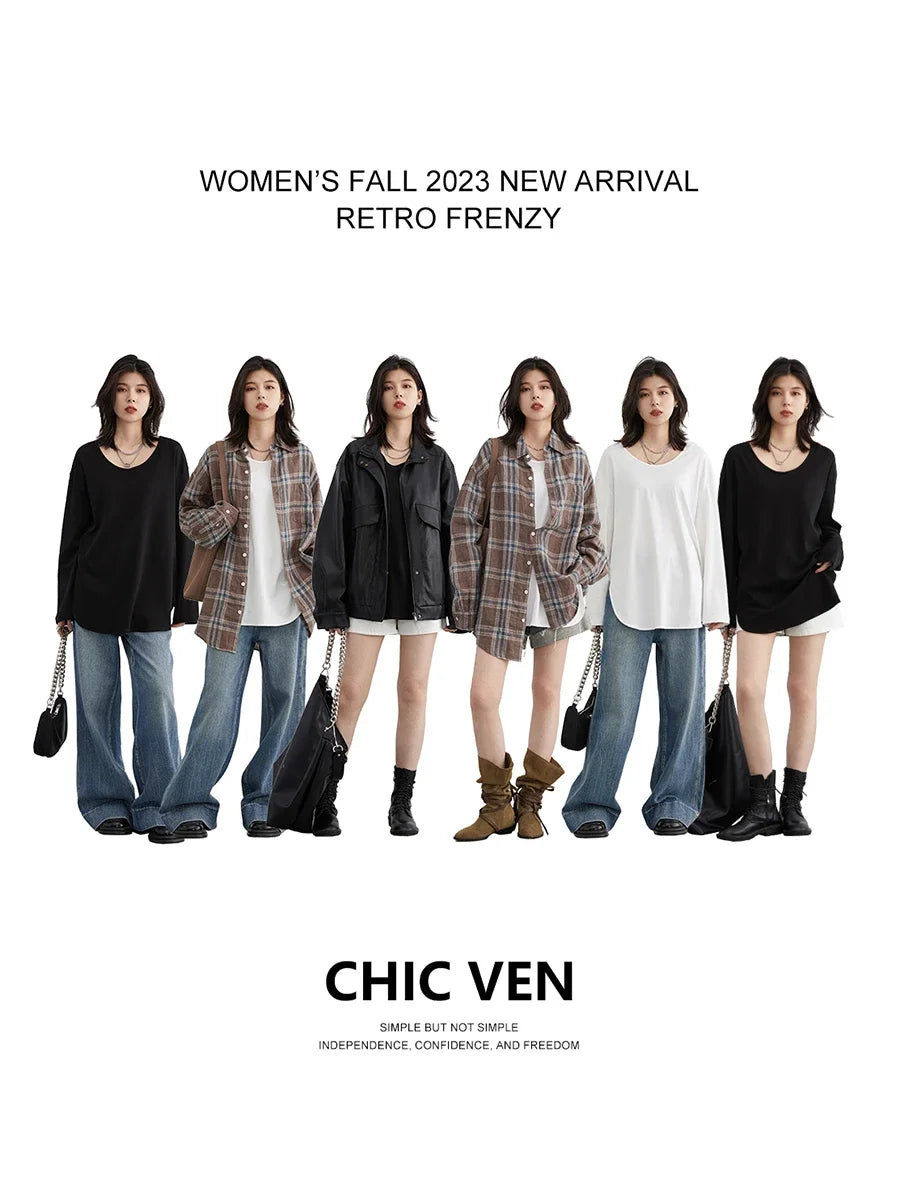 CHIC VEN Women T-Shirts Loose Casual U-Neck Long Sleeve Female Tees Split Bottom Woman Top Ladies Clothing Autumn Spring 2023