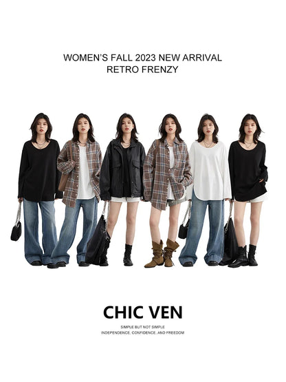 CHIC VEN Women T-Shirts Loose Casual U-Neck Long Sleeve Female Tees Split Bottom Woman Top Ladies Clothing Autumn Spring 2023