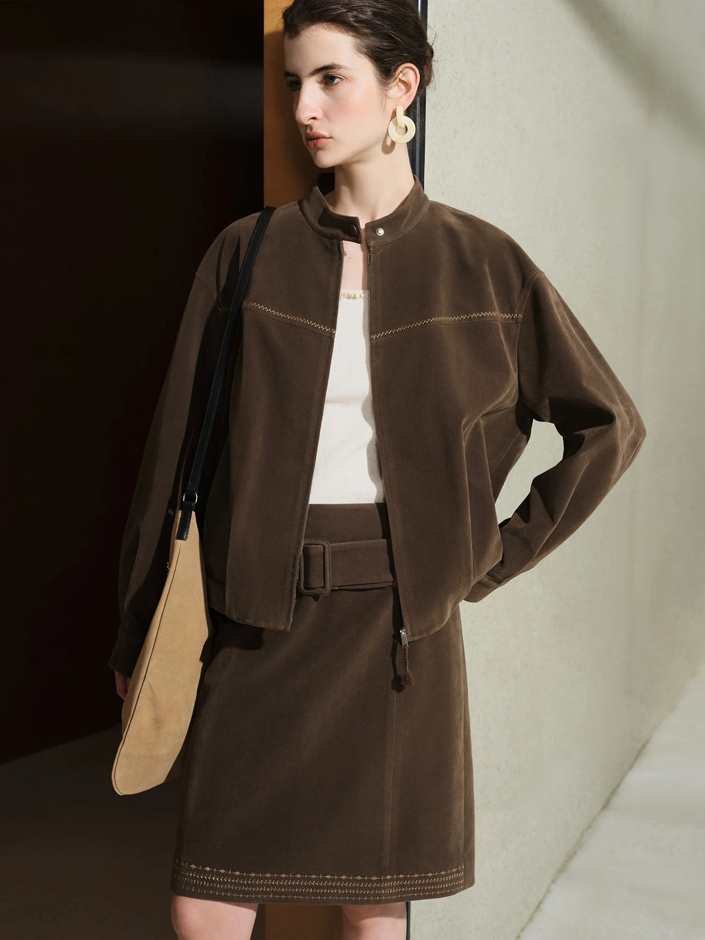 FSLE【Premium Series】2025 Women's Faux Suede Embroidered Jacket - Retro Inspired Stand Collar Short Coat Casual Office