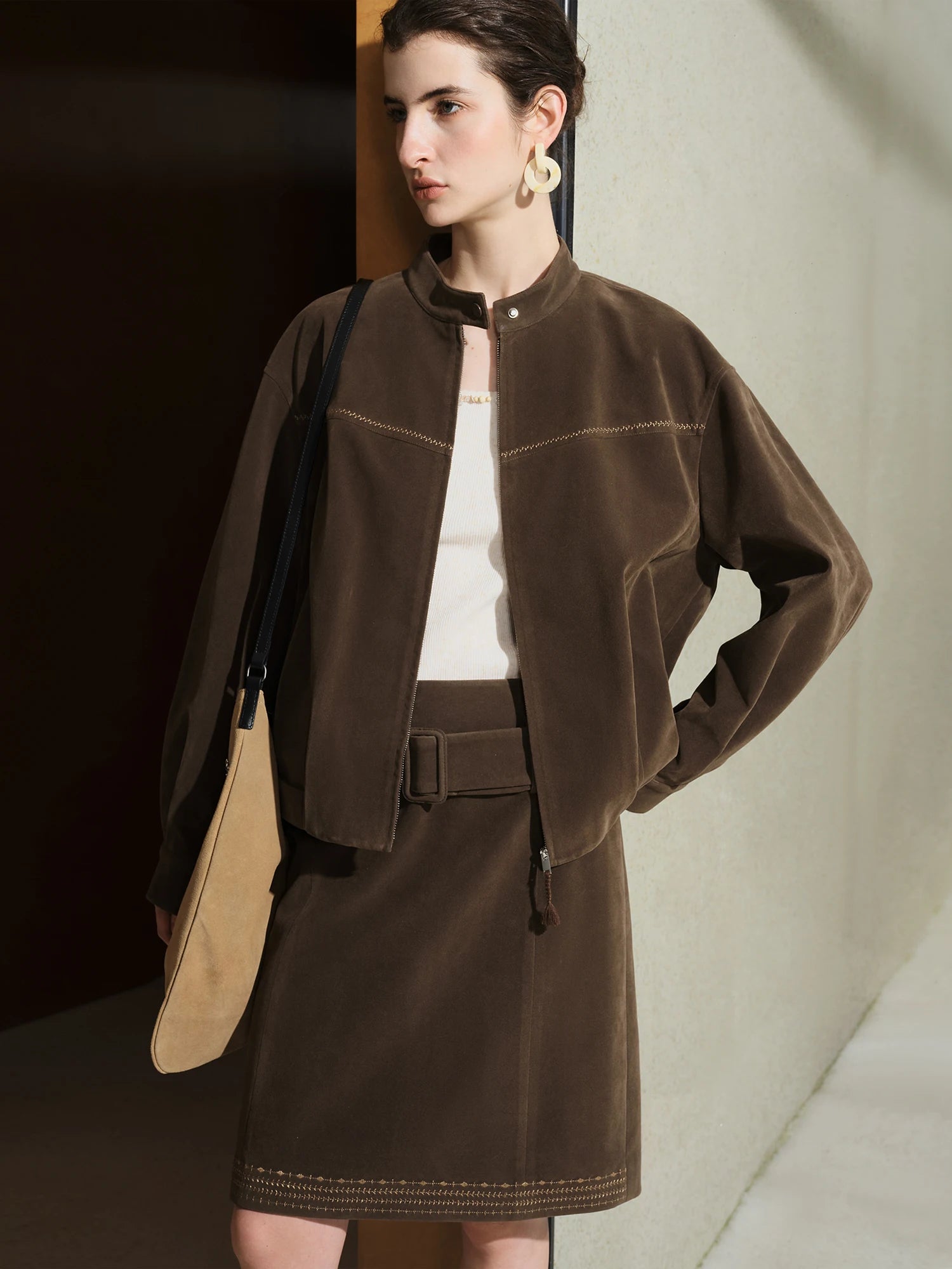 FSLE【Premium Series】2025 Women's Faux Suede Embroidered Jacket - Retro Inspired Stand Collar Short Coat Casual Office