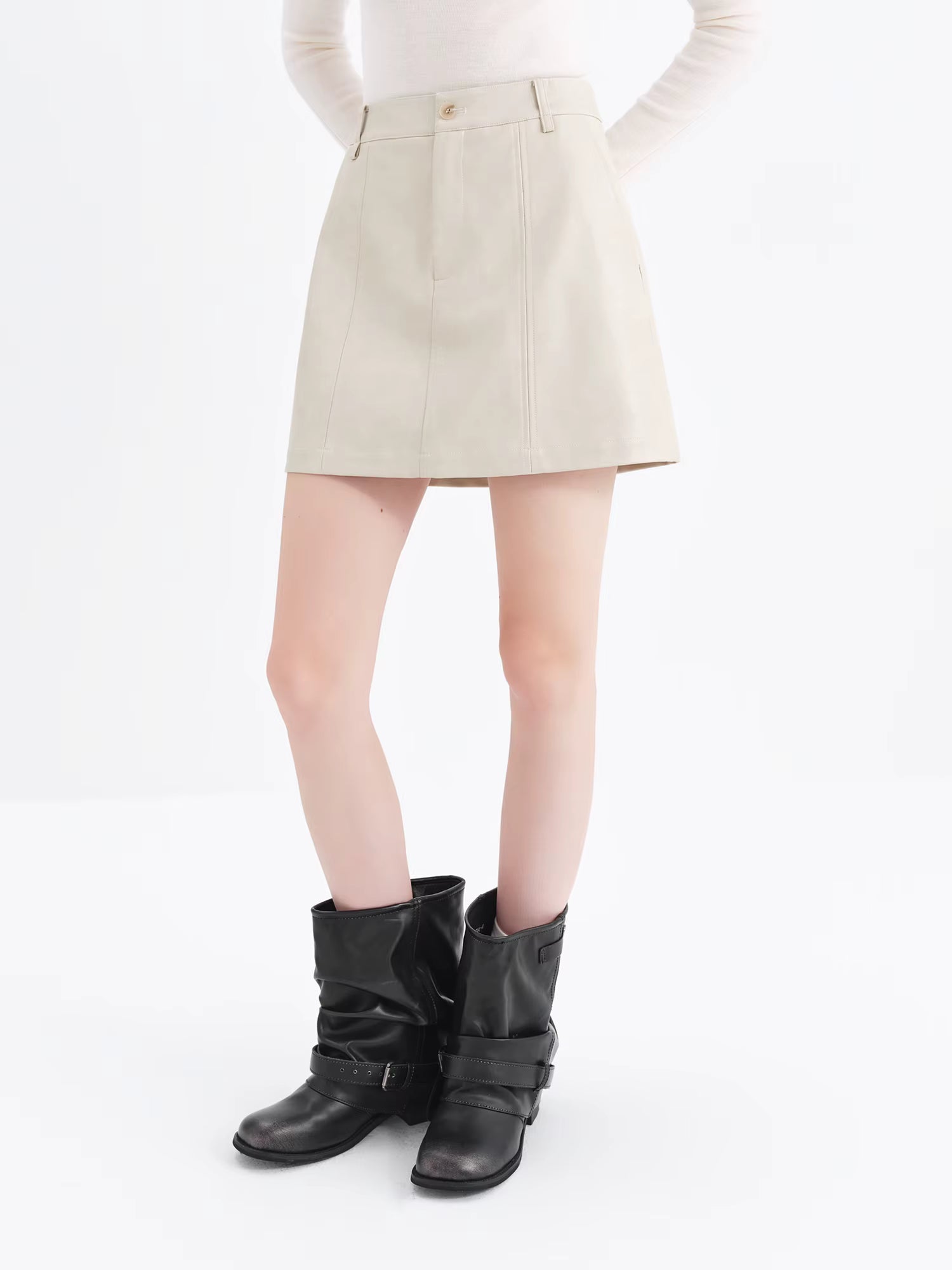 2025 Winter Women High Waist A-Line Short Skirt in Faux Leather - Versatile Flattering Stretch Mini Skirt for Daily Casual