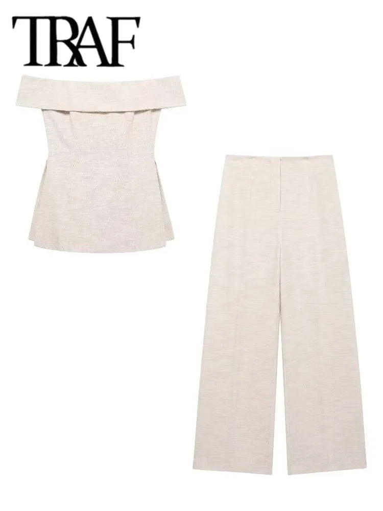 TRAF Women 2 Piece Set 2024 New Fashion Back Zipper Crop Top+High-Waisted Zip-up Casual Slim Wide Leg Pants Sets Women Outfit