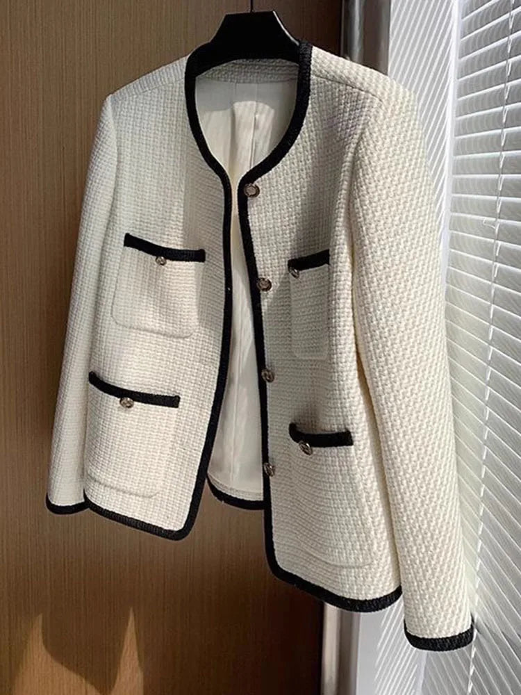 O-neck Tweed Single Breasted Woolen Jackets Korean Fashion Women Chic Wool Blend Tops Abrigos Spring Fall Elegant Casual Coats