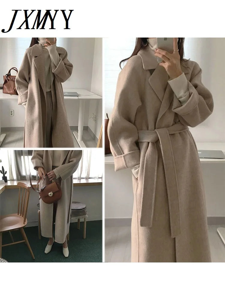 JXMYY French Lazy Style Warm Female Fresh Winter 2024 Classical Belt Retro Loose Women Woolen Coats Chic Casual Long Coat Long