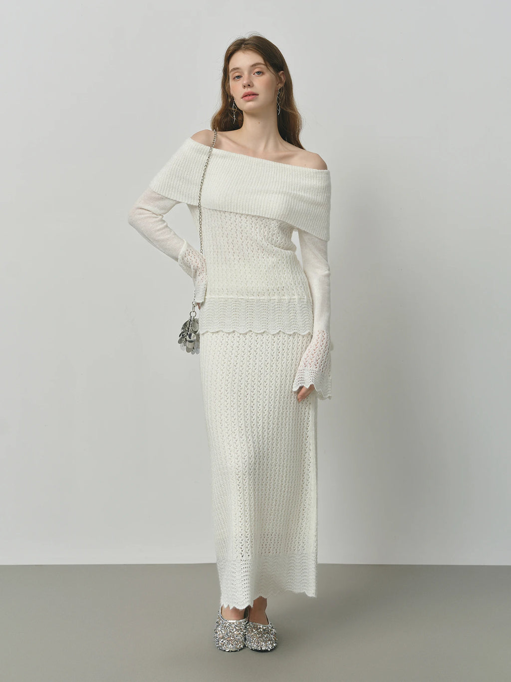 FSLE One-shoulder White Fairy Knitted Suit Set for Women Autumn 2025 New Hollow Wool Knitted Sweater