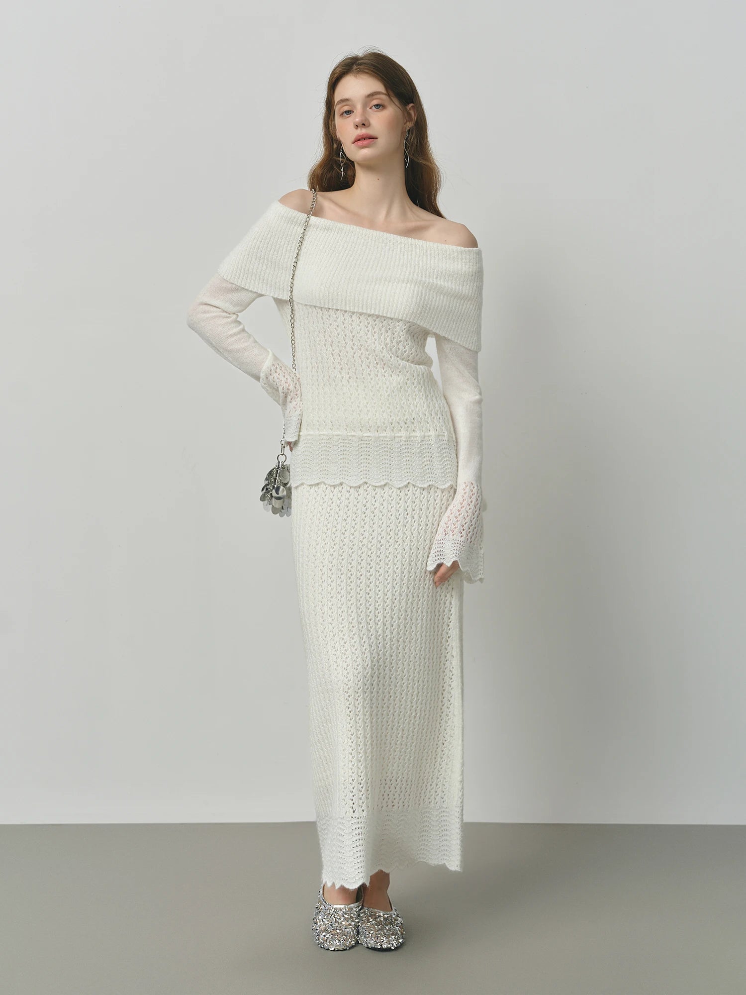 FSLE One-shoulder White Fairy Knitted Suit Set for Women Autumn 2025 New Hollow Wool Knitted Sweater