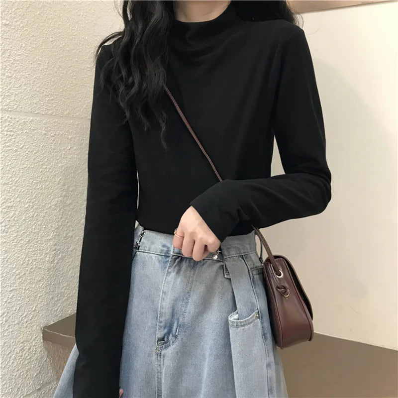 MRMT 2024 Brand New Women's Long-Sleeved T-Shirt Slimming Half Turtleneck Bottoming Shirt Simple Solid Color Inner Top