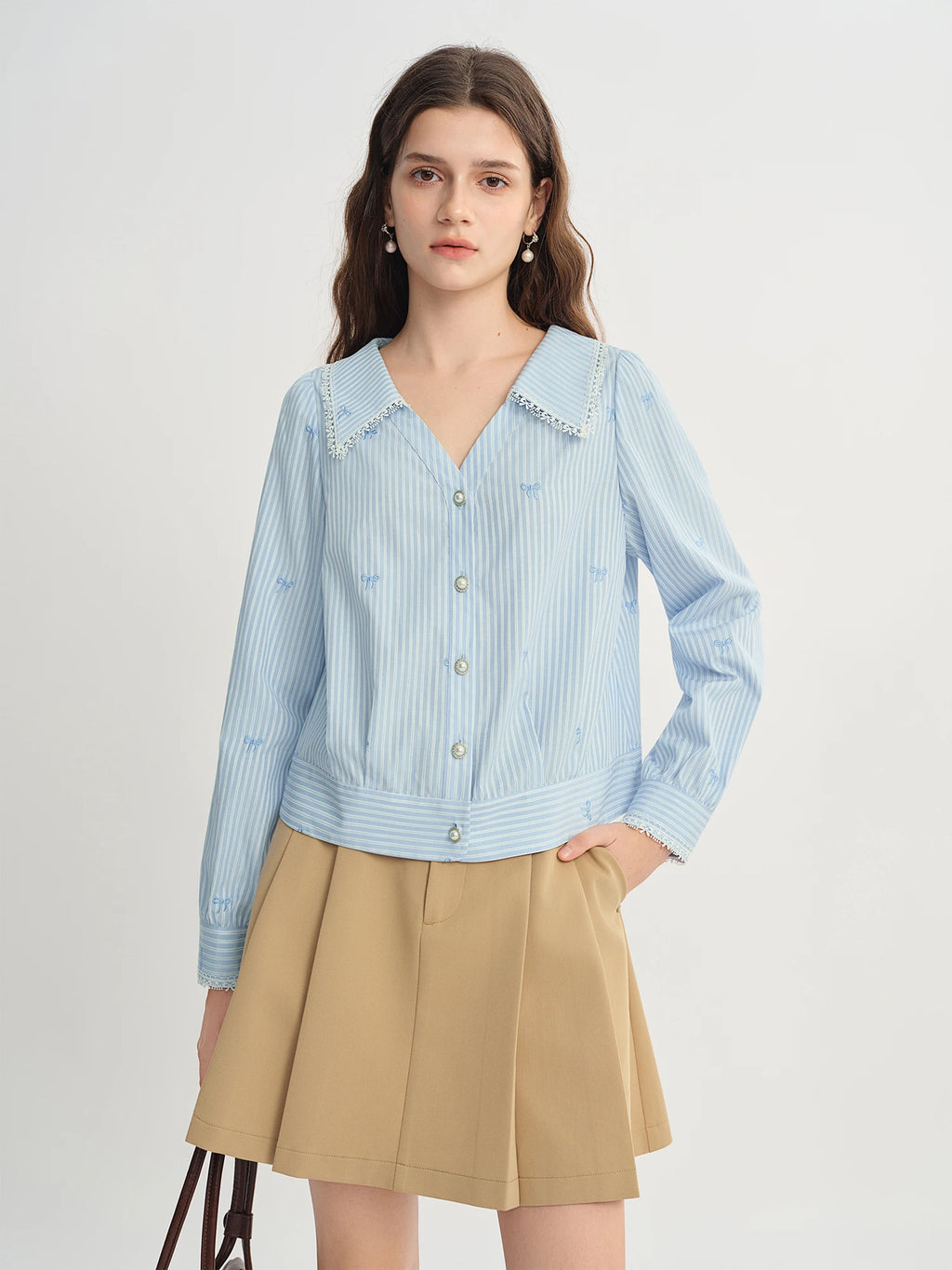 DUSHU Plus Size Women's Lace Trim V-Neckline Striped Shirt Fall 2025 New Arrival Fashion Commuting Top Women Shirts