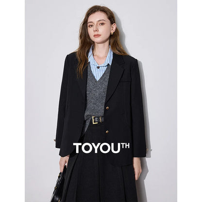 TOYOUTH Women Blazer 2024 Autumn Winter New Notched Shawl Collar Long Sleeve Two Button Daily Outfit Jacket Coat