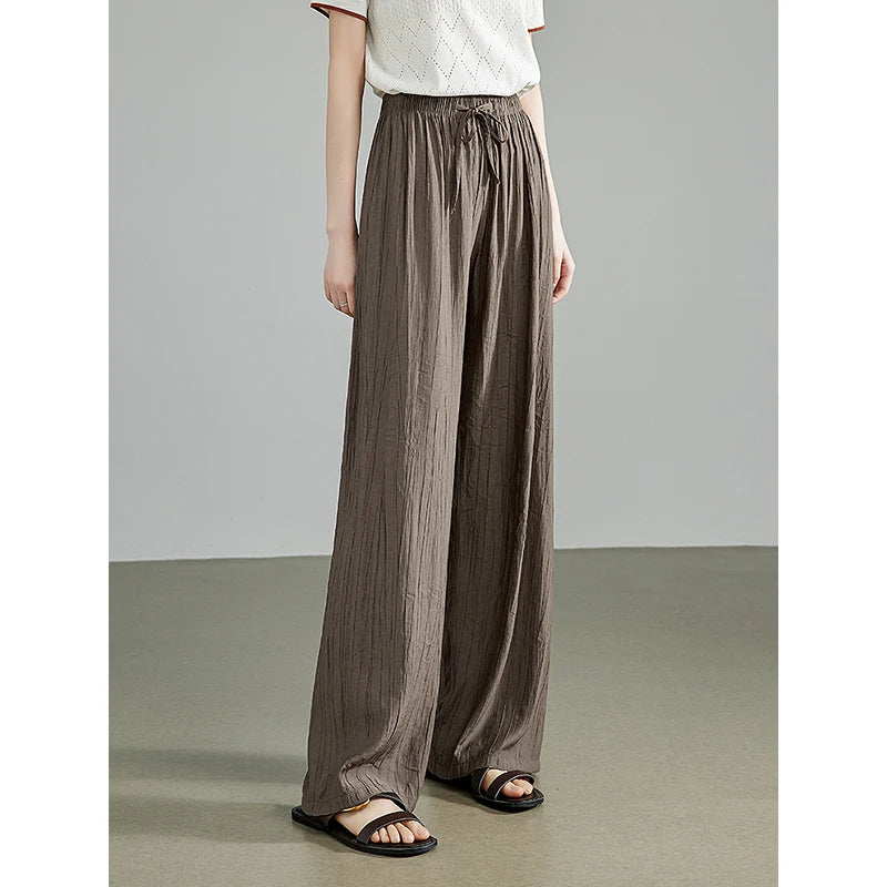 TOYOUTH Women Casual Pants 2024 Summer New Wrinkle Pattern Lazy Style Elastic Waist Stright Wide Leg Yamamoto Pants