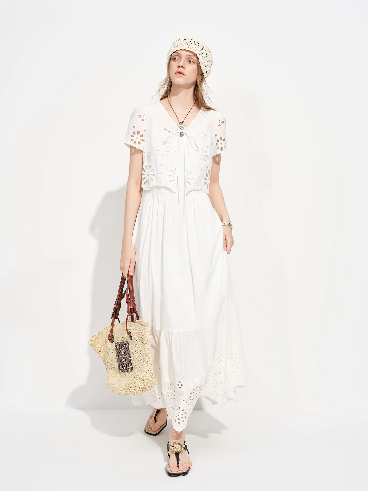2026 Spring Women's White Two Piece Set Lace Trim Embroidery T-Shirt Slip Dress Soft Romantic Coquette Style Elegant Outfit