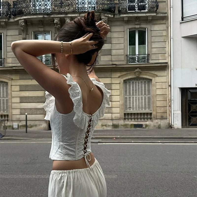 Romantic White Ruffled Square Neck Corset Top