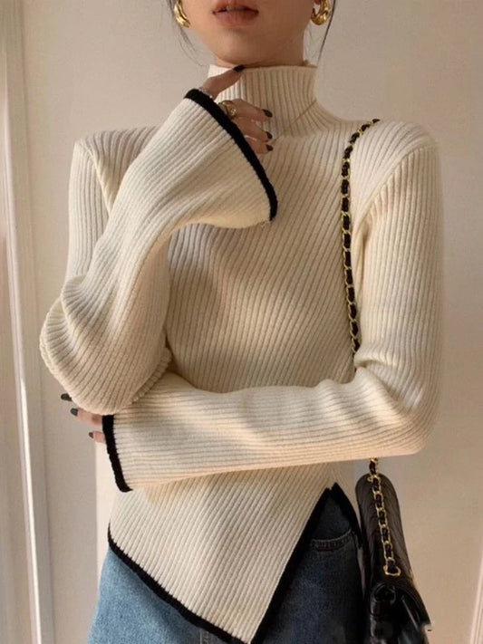 QWEEK 2024 Autumn Elegant Sweater Women Korean Old Money Style Slim Contrast Color Jumper Autumn Winter Casual Knitwear Tops