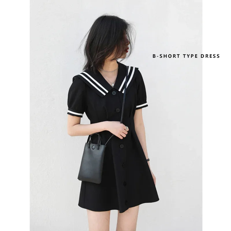 CHIC VEN Korean Women's Dresses Black Short Sleeve Navy Collar Dress for Women Office Lady Female Party College Summer 2022