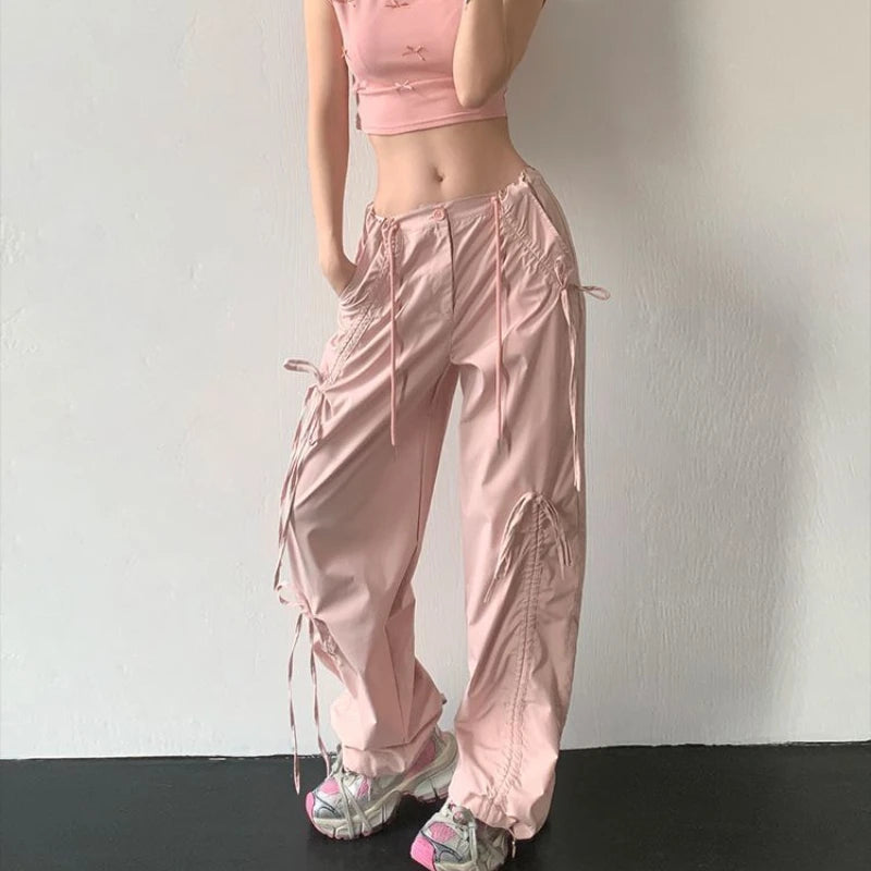 QWEEK Y2k Baggy Cargo Pants Woman America Style Casual Coquette Pink Bow Trousers Streetwear Summer 2024 Thin Wide Pantalones