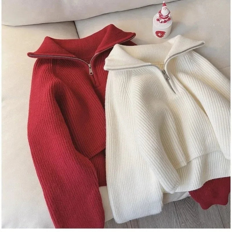 Thickened Knit 2024 New Sensibility Zipper Up Loose Fit Slimming Lapel Sweater Top For Women Autumn/Winter Age-Reducing Design