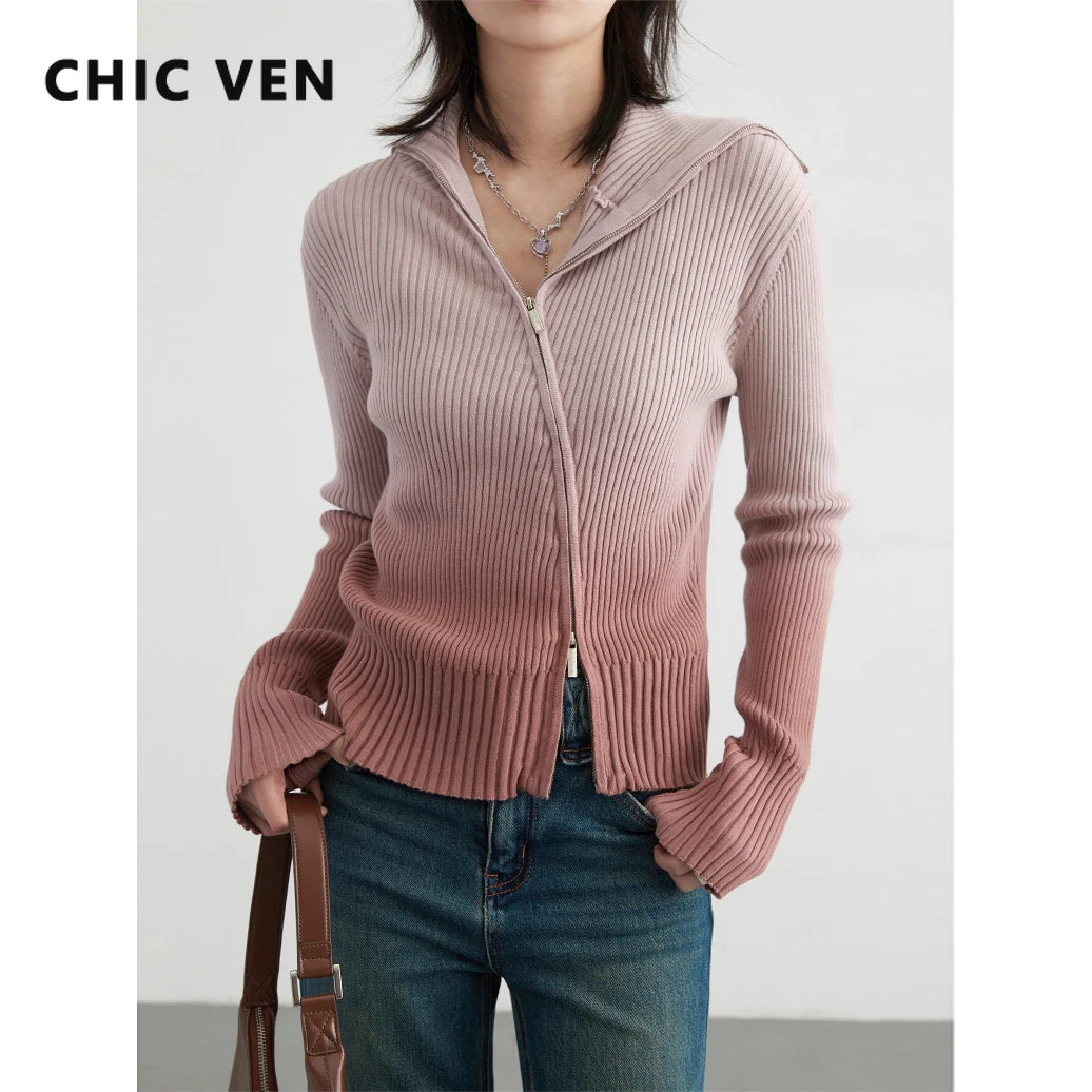 CHIC VEN Women Cardigan New Stand Up Cotton Gradient Zipper Woman Sweater Female Knitted Jumpers Spring Autumn 2024