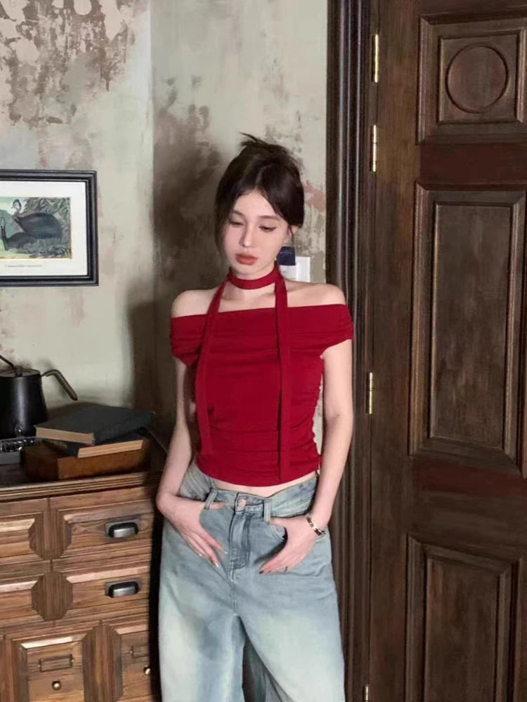 T-shirts for Women Red Eye-catching Slash Neck Sexy Summer Slim Fashion Highstreet All-match Underwear Aesthetic Simple American