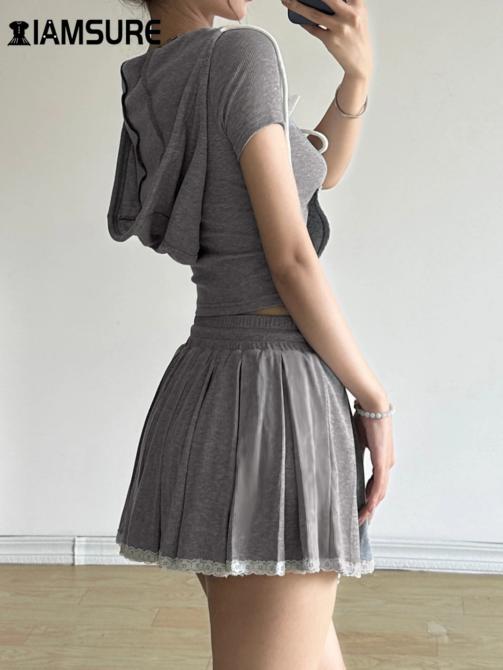 Kpop IAMSURE Casual Basic Dress Set Women Slim 2 Piece Sets Hooded Short Sleeve Cropped T Shirt Mid-Waisted A-Line Skirts Women 2024