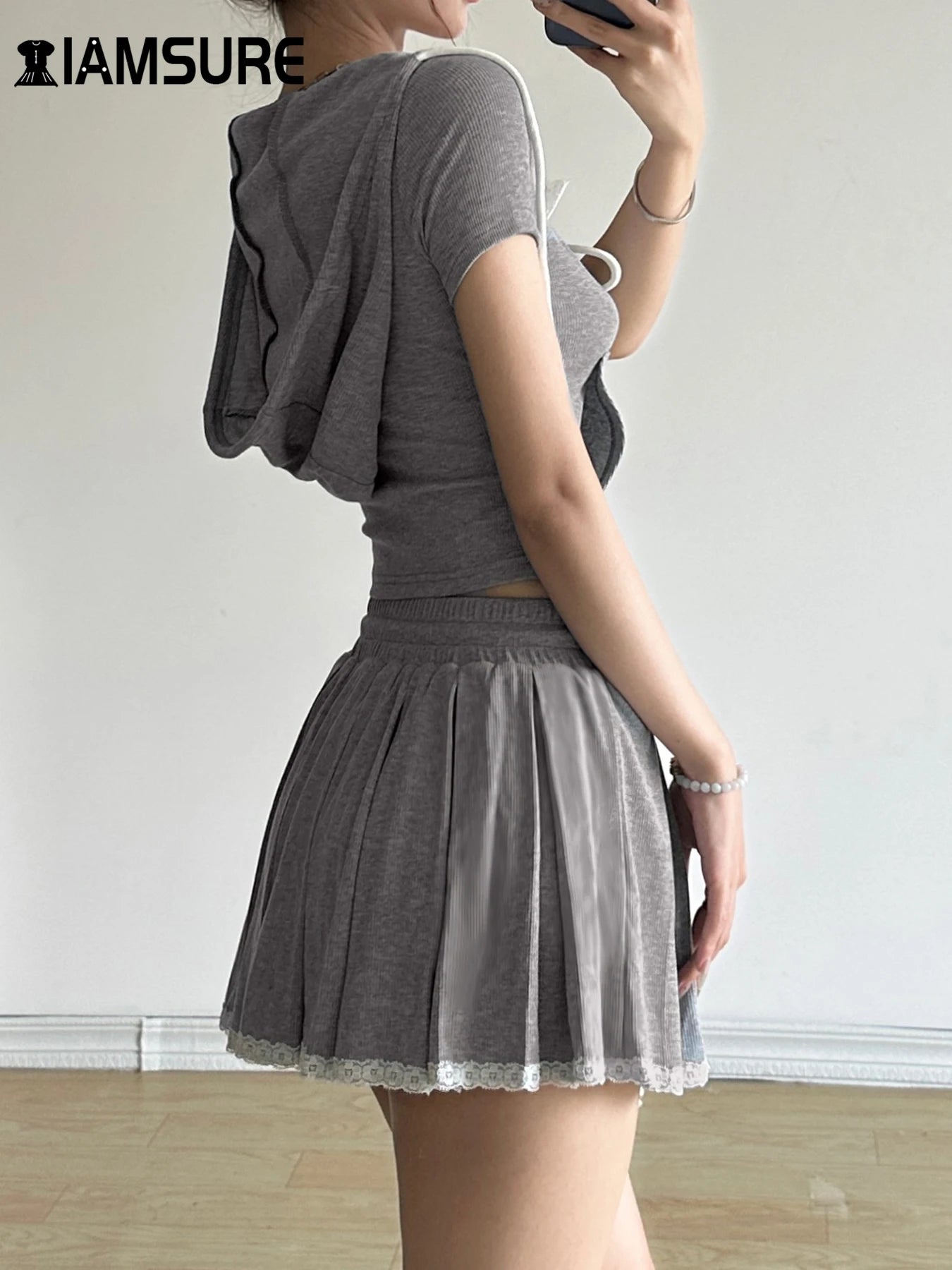 Kpop IAMSURE Casual Basic Dress Set Women Slim 2 Piece Sets Hooded Short Sleeve Cropped T Shirt Mid-Waisted A-Line Skirts Women 2024