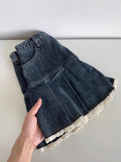 Women Blue A-line Denim Skirt Vintage Aesthetic Y2k Patchwork Lace Jean Skirt Harajuku Korean Cowboy Skirts 2000s Clothes Summer