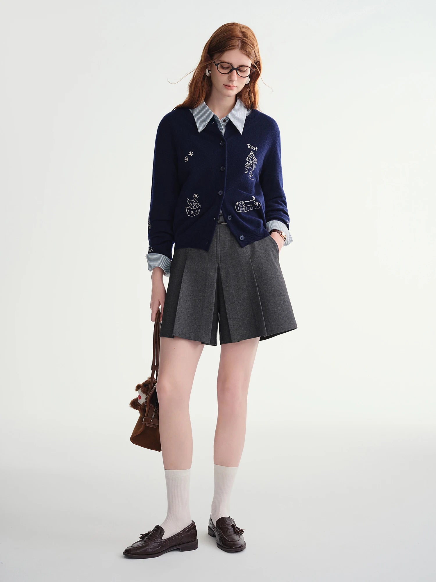 Plus-Size Women Fashion Cute Pet-Inspired Party 100% Wool Fun Embroidery Knit Cardigan 2025 Winter New Arrival Sweater