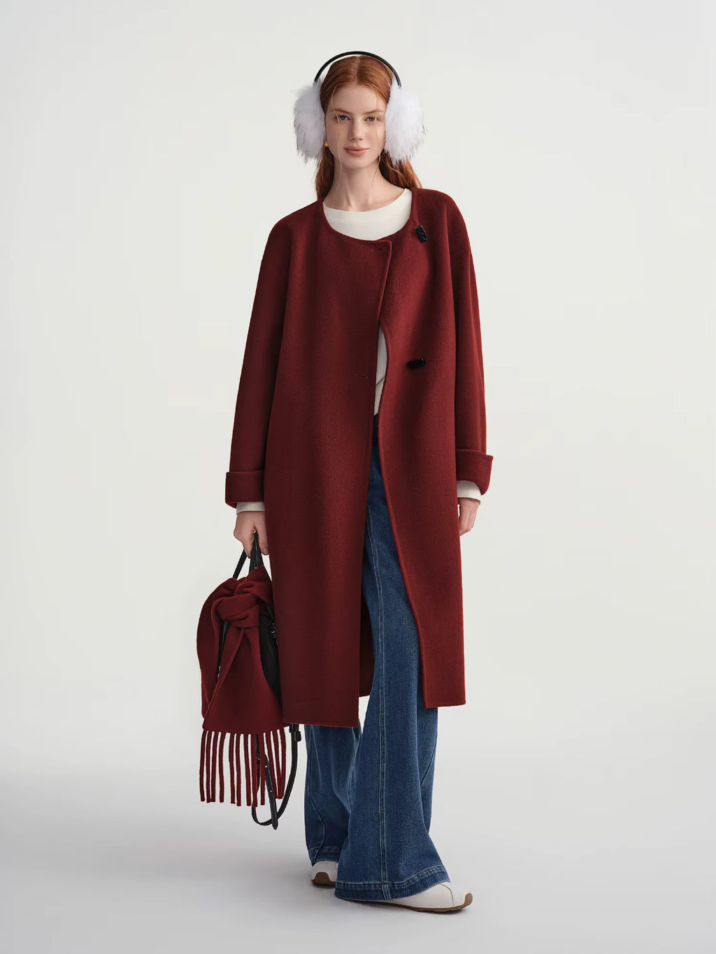 Plus Size Women's Design Forward Double Faced Wool Trench Coat with Detachable Scarf Collar 100% Sheep Wool With Scarf