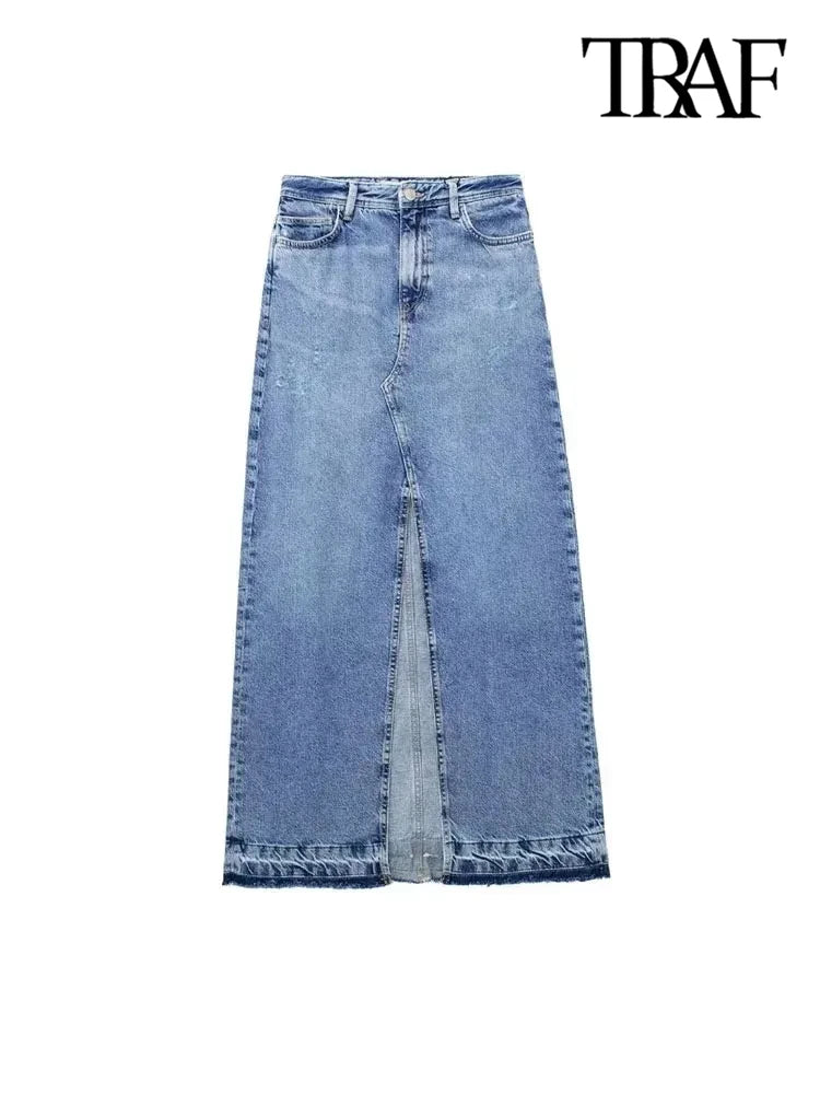 TRAF Women Fashion With Pockets Front Slit Denim Midi Skirt Vintage High Waist Zipper Fly Female Skirts Mujer