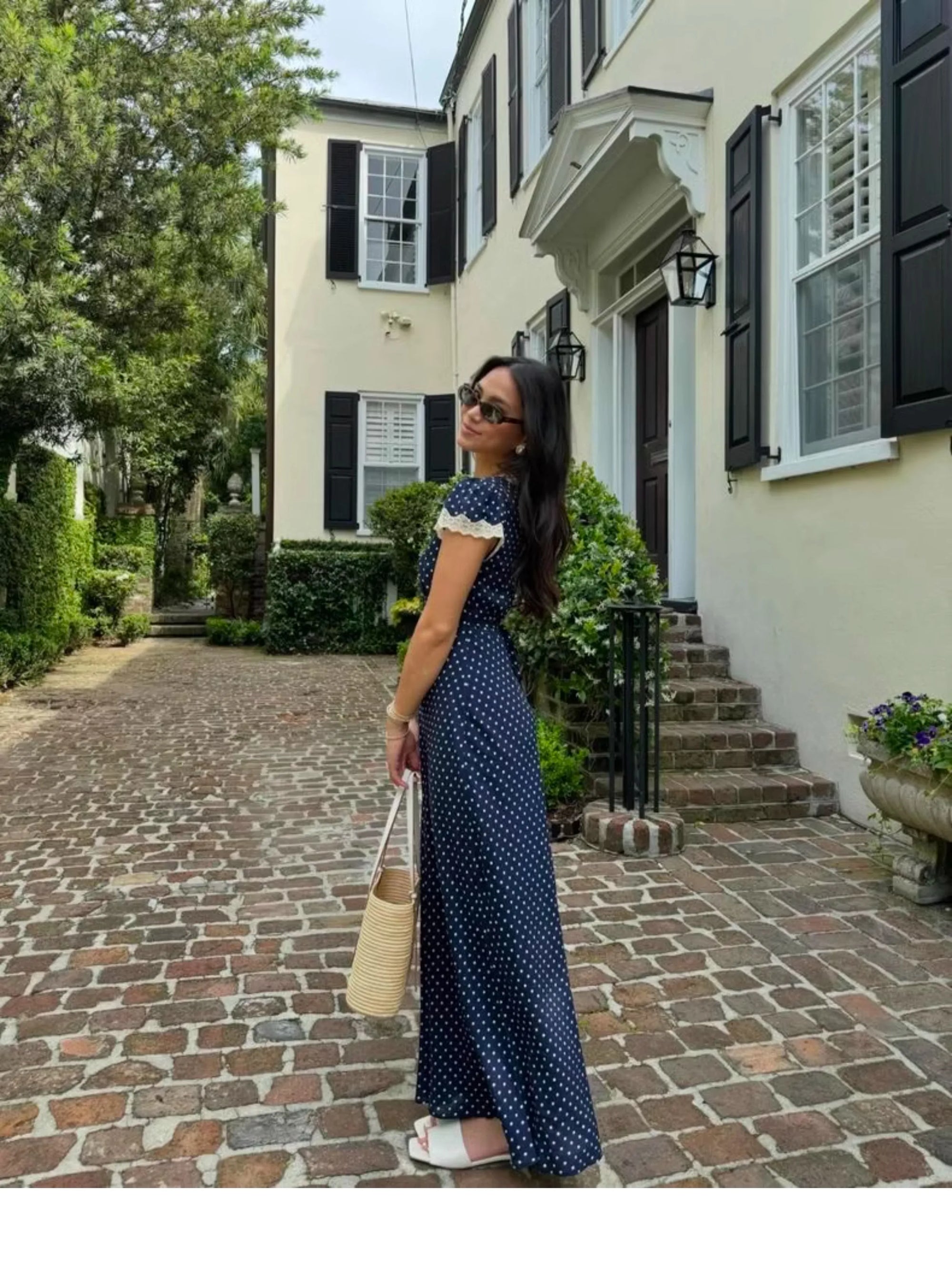 Elegant Navy V Neck Polka Dot Print Lace Trim Dress