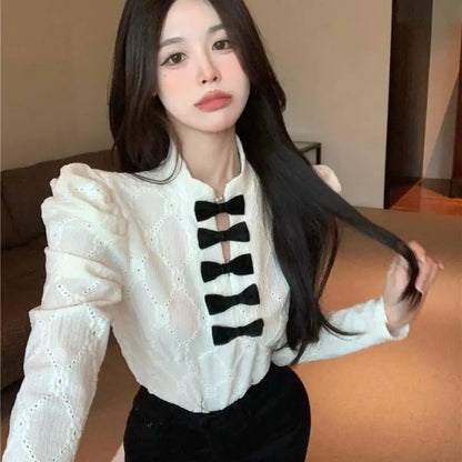 Women's shirt French bow design sense small long sleeve shirt 2024 spring and autumn new slim lace top