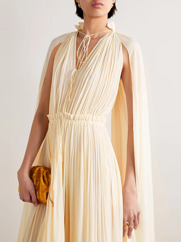 VGH Ruffles Irregular Solid Dresses For Women V Neck Cloak Sleeves High Waist Spliced Lace Up Loose Folds Dress Female Summer