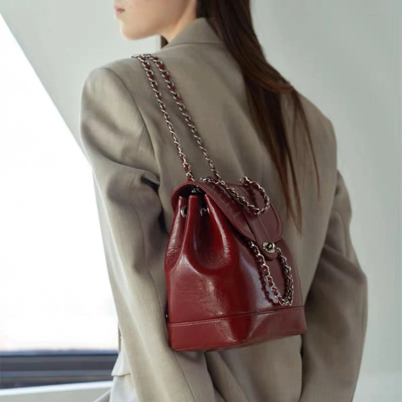 Women Korea Spring Mini Chains Backpack Female Ins Student Oil Wax Leather Shoulder Bag Travel Bagpack Black Rucksack Sac