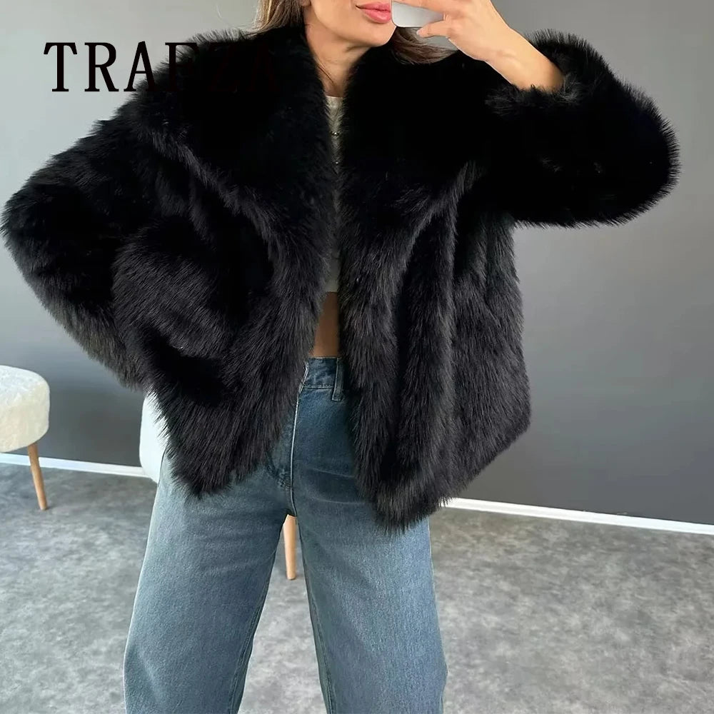 TRAFZA 2025 Autumn Winter Women Casual Faux Fur Jackets Fashion Streetwear Solid Oversized Turn Down Collar Elegant Thick Coats