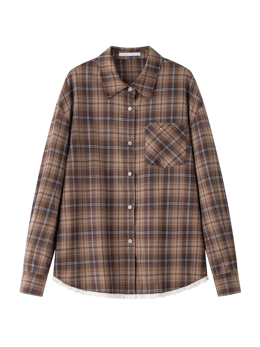 FSLE Women Plaid Blouse Polo Neck Drop Sleeve Female Retro Brown Plaid Shirt Hem Lace Patchwork Design Long Sleeve Top 24FS14543