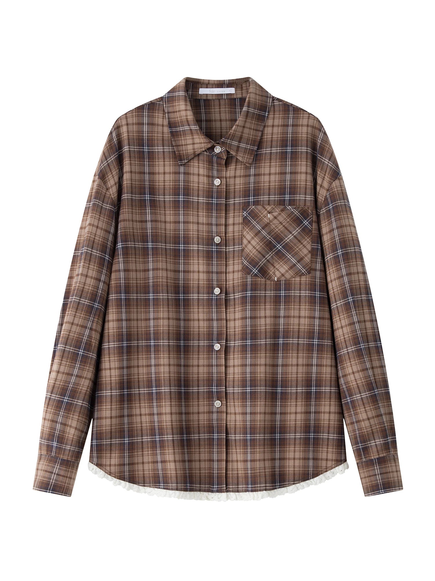 FSLE Women Plaid Blouse Polo Neck Drop Sleeve Female Retro Brown Plaid Shirt Hem Lace Patchwork Design Long Sleeve Top 24FS14543