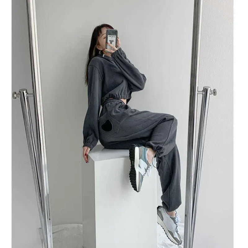 Women's 2024 Spring Autumn Korean Loose Solid Color Panel Pocket Printed Casual Sports Elasticized High-waisted Straight Pants