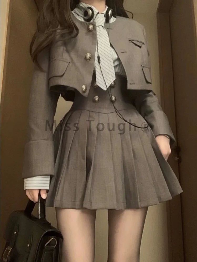 Gray Preppy Style 3 Piece Set Women Korean Fashion Y2k Mini Skirt Suit Female Casual Stripe Blouse＋Chic Coat＋Elegant Skirt
