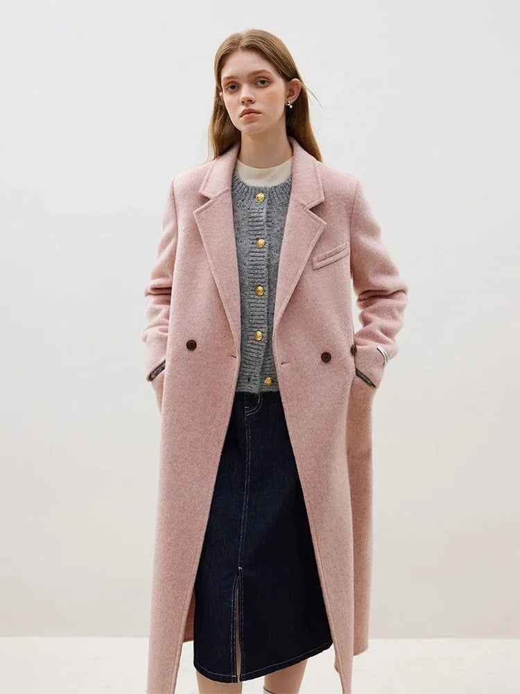 FSLE 85.5% Wool 14.5% Camel Hair Women Front Shoulder Temperament Long Woolen Jackets Notched Collar Double-sided Woolen Coat