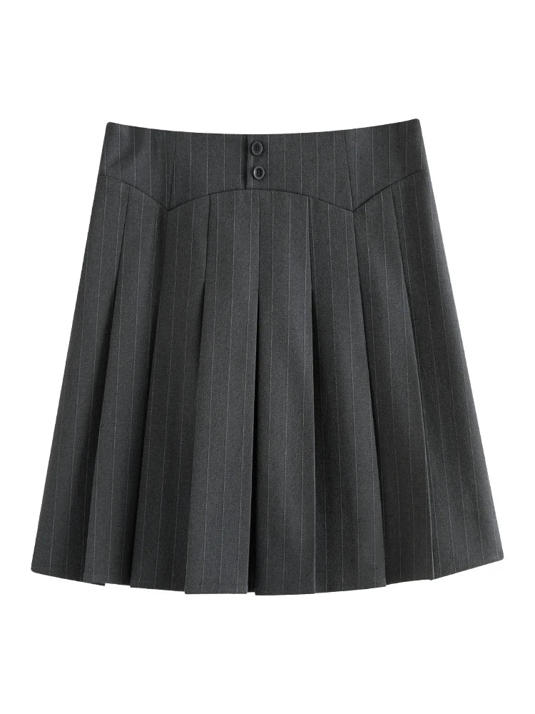 FSLE Age-reducing College Style Grey Pleated Skirt for Women Summer High-waist Design Striped A-line Skirt Female 24FS12081