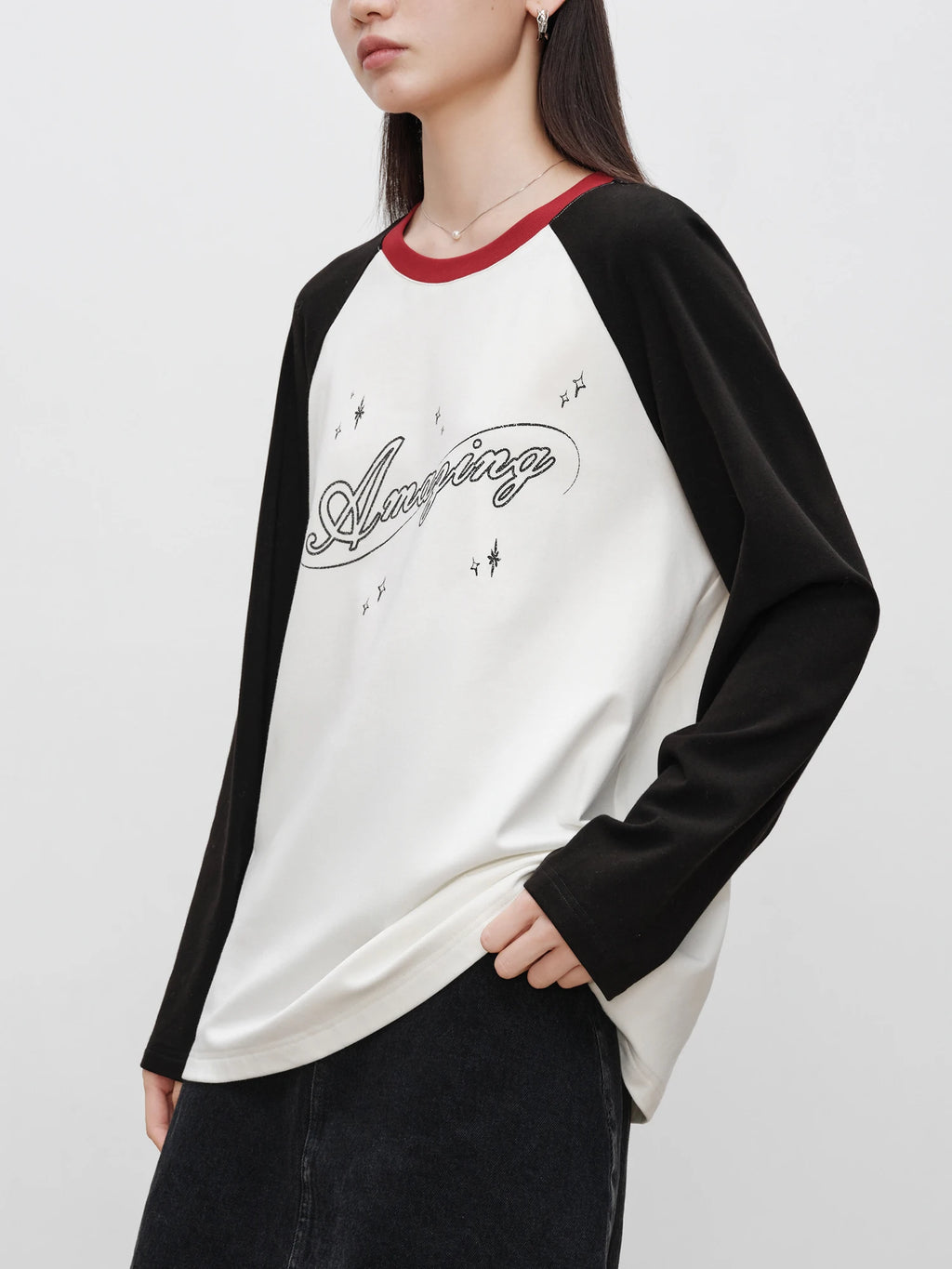 ZIQIAO Women Long SleeveT-Shirts Lightvelvet Liner Female Winter Loose Pullover Tops Black White Contrasting Color Top 24ZQ94291