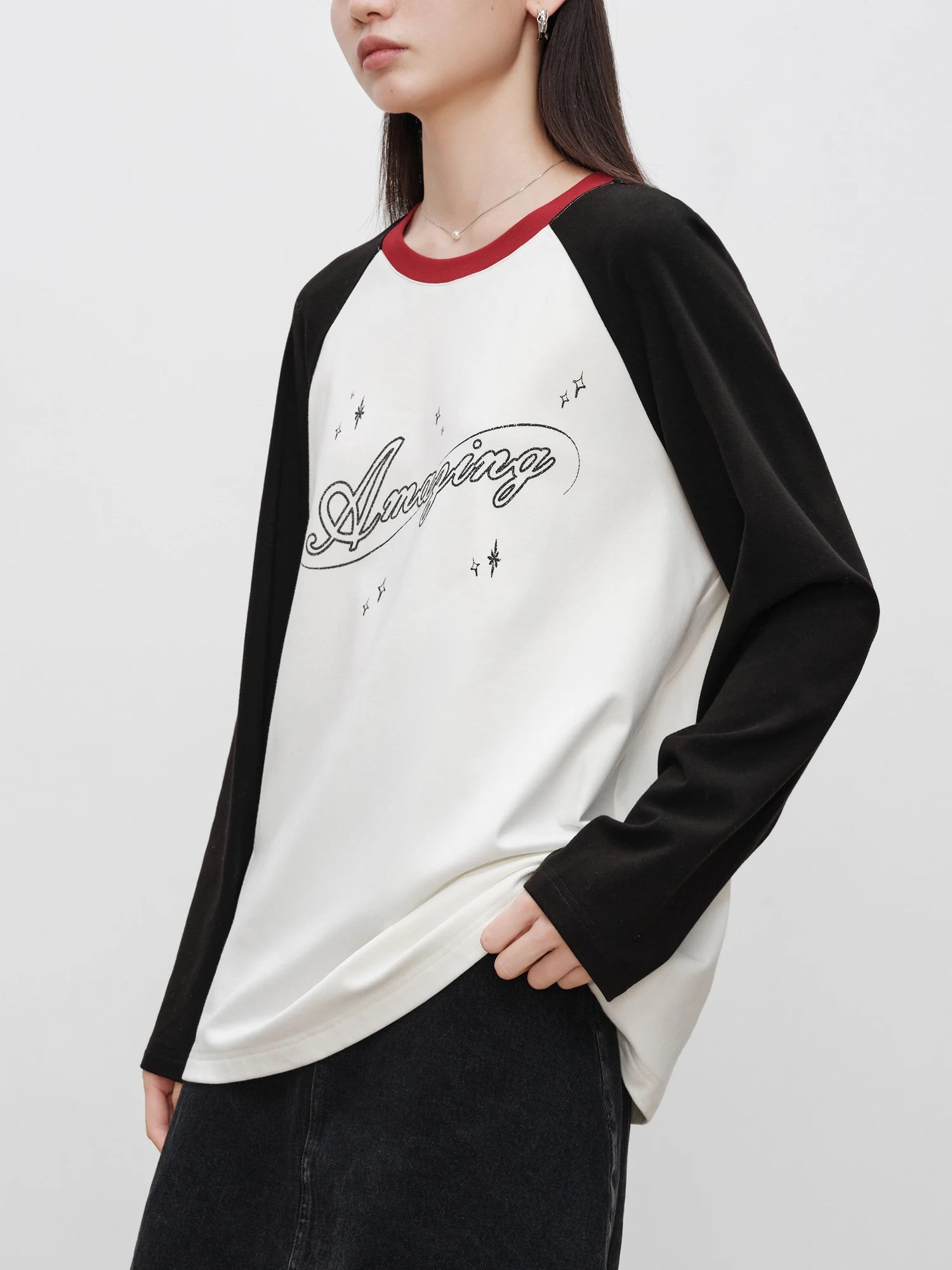 ZIQIAO Women Long SleeveT-Shirts Lightvelvet Liner Female Winter Loose Pullover Tops Black White Contrasting Color Top 24ZQ94291