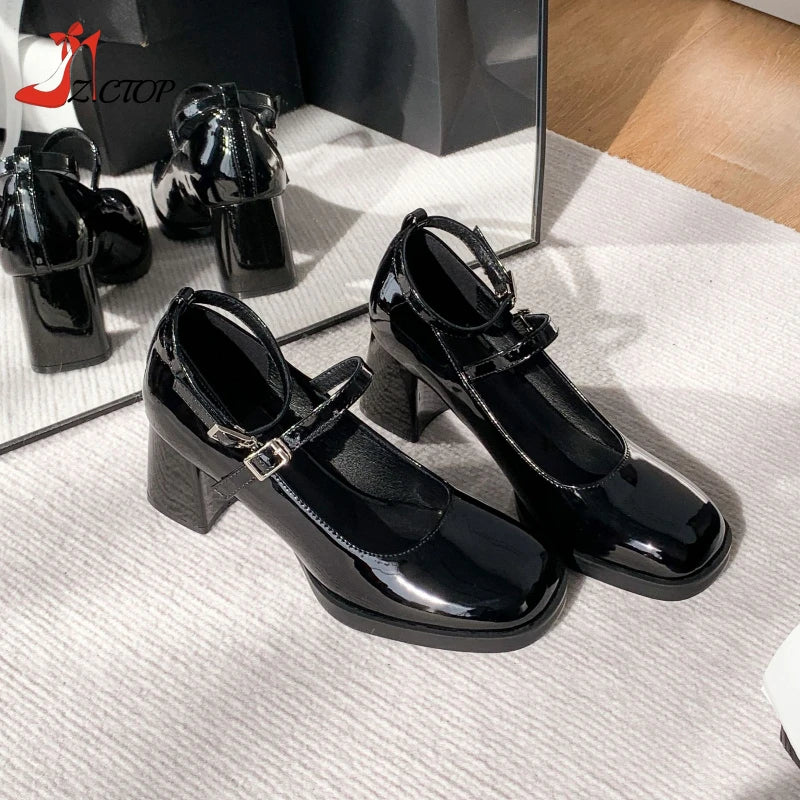 Red Mary Jane Shoes Thick Heel Women's Pumps Patent Leather Retro High Heeled Double Buckle Black Party Dress Ladies Shoes